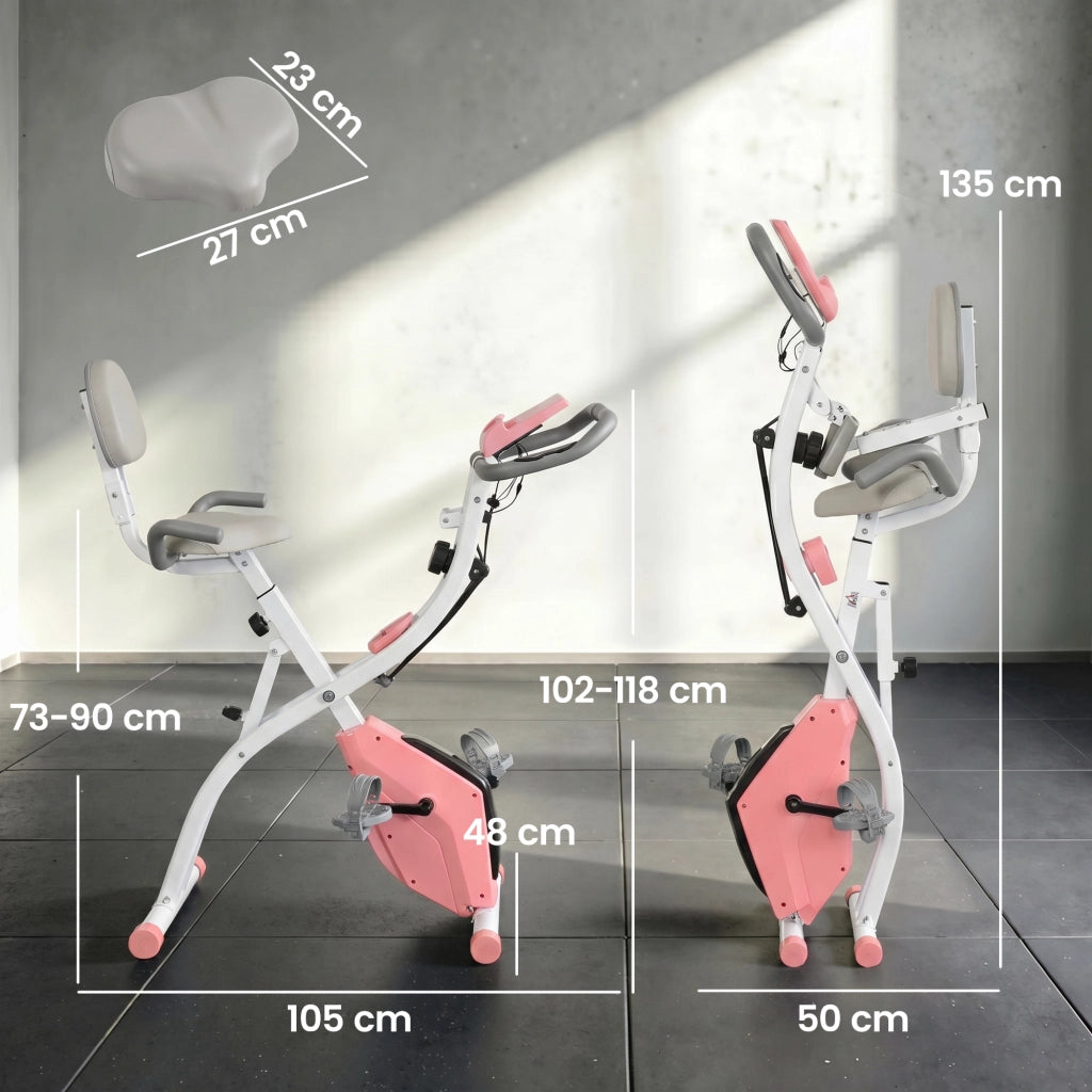 Cyclette Pieghevole 2 in 1. Resistenza Magnetica Regolabile 8 Livelli. Cyclette da Casa Silenziosa con Sensore di Frequenza Cardiaca. Elastici per Braccia. Schermo LCD. Volano 2.5kg. Rosa