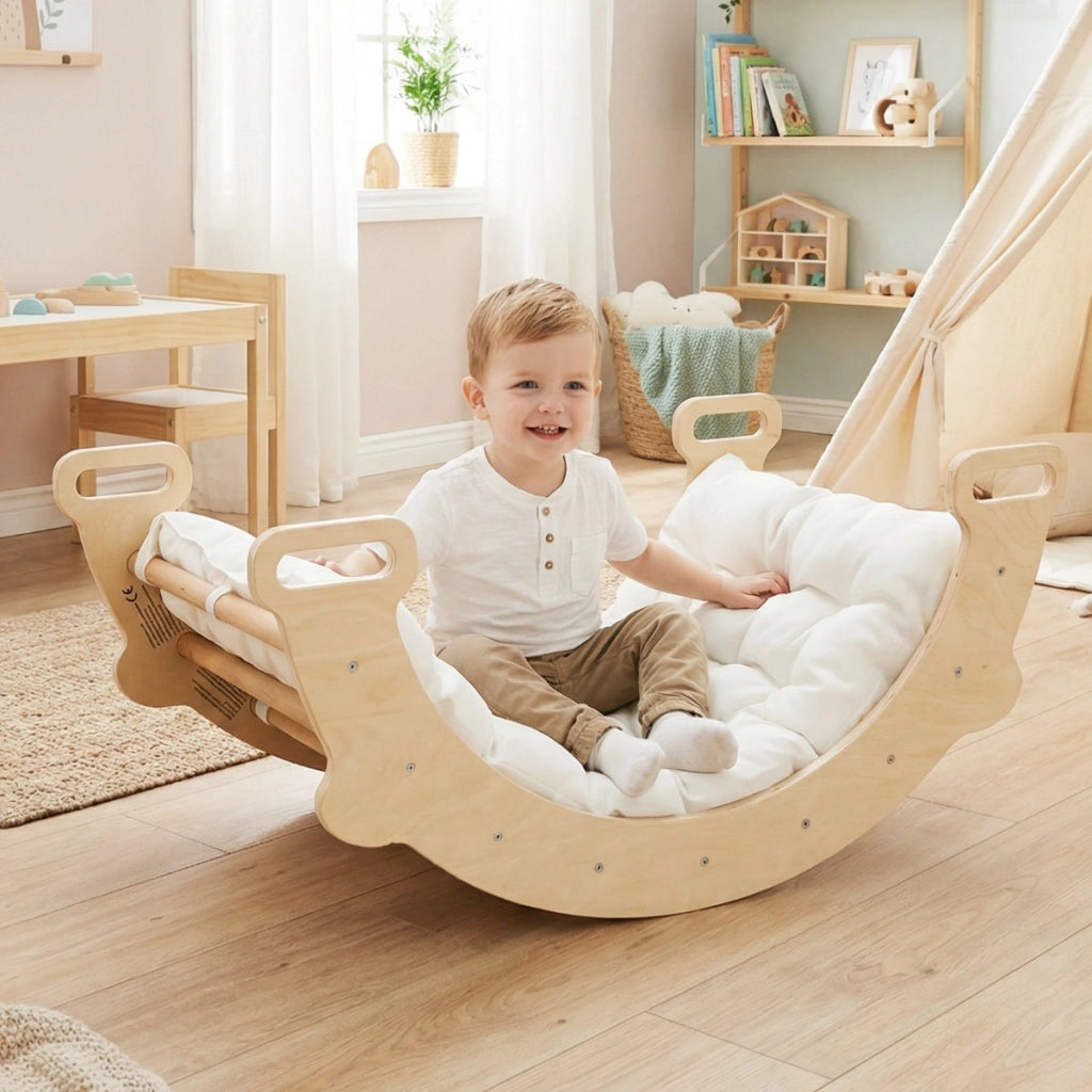 Arco arrampicata per bambini con cuscino scala montessori 3-in-1 per arrampicata, Arco giocattolo in legno Legno naturale-Arrampicate e scivoli