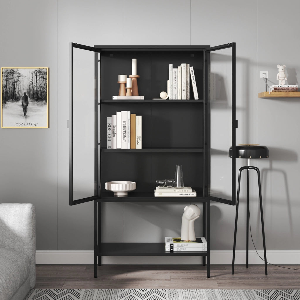 Mobile Vetrina Borshavisa in Acciaio e Vetro Temperato Libreria Credenza 160x80x35 cm Nero [en.casa]