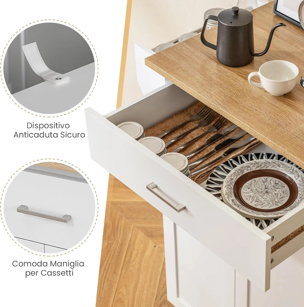 Isola da Cucina con Ruote, Carrello da Cucina con Cassetto e Armadio, Porta Spezie e Barre Porta Asciugamani, Armadietto Mobile con Ripiano Regolabile per Sala da Pranzo, 83x48x91 cm