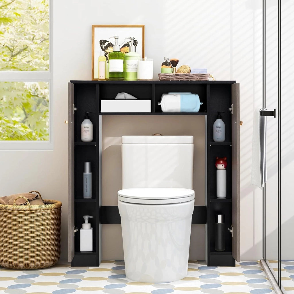 Scaffale Sopra WC 87.5x18x98cm, Mobile per Bagno con Doppia Anta, 2 Scomparti Aperti e 4 Ripiani Regolabili, Armadietto Salvaspazio da Terra per Bagno Lavanderia (Nero)