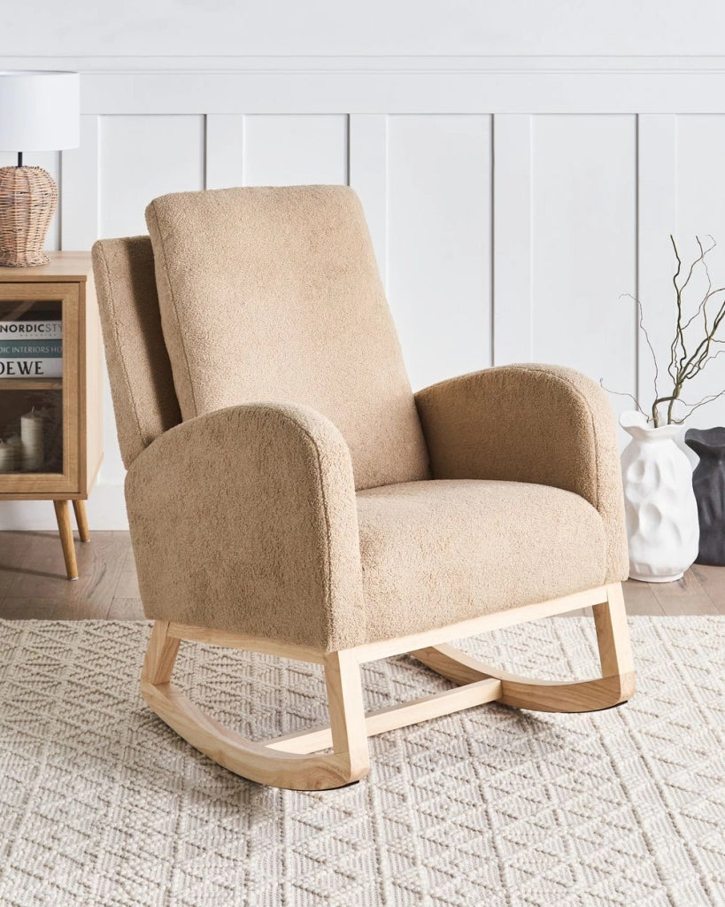 Sedia a dondolo in Boucle beige e legno di gomma soggiorno salotto