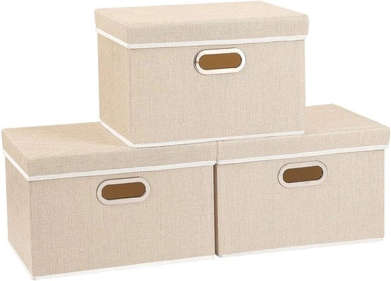 Set di 3 contenitori per abbigliamento, opacchi e pieghevoli, lavabili, per la camera da letto, dimensioni 32x23x20cm, colore beige.