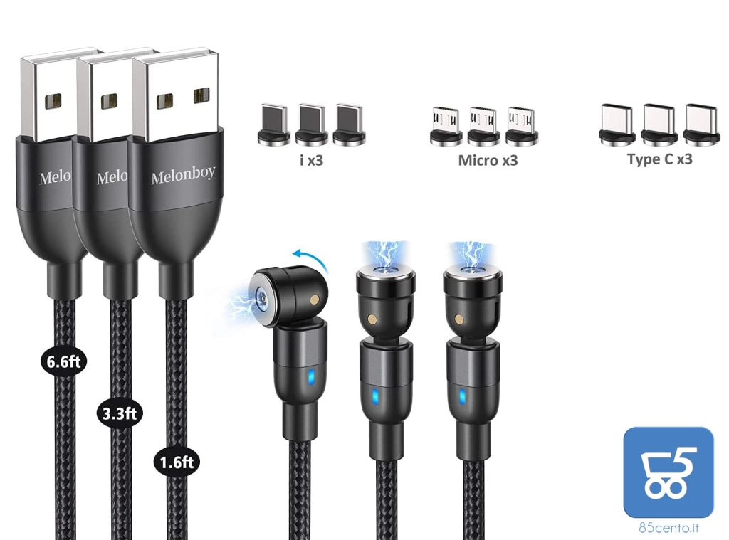 Kit 3 Cavi Magnetici USB 0.5m 1m 2m - 3 in 1 Rotante di 360°+180° Rivestimento Nylon adattatori Micro USB/Tipo C/i-P Nero