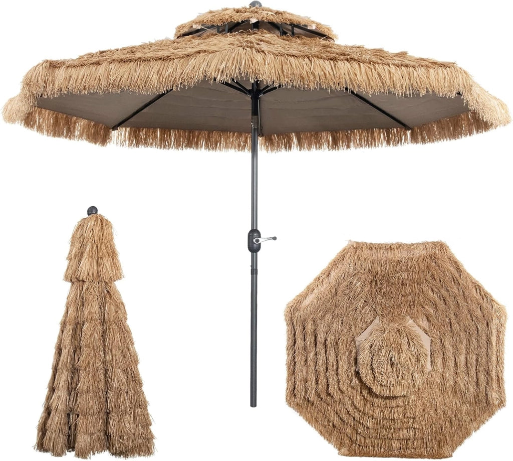 Ombrellone Spiaggia in Paglia Tropicale Hawaiano Pieghevole 300 cm, Parasole in Paglia, Parasole da Spiaggia con Doppio Tetto, Ombrellone per Giardino, Balcone, Giallo -Marrone, senza Base