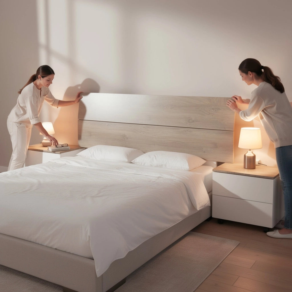 Set Camera Da Letto Con Testiera Matrimoniale 176 Cm Due Comodini Con Cassetti Testata Arredo Moderno Per Letti 135 150 160 Cm Rovere E Bianco