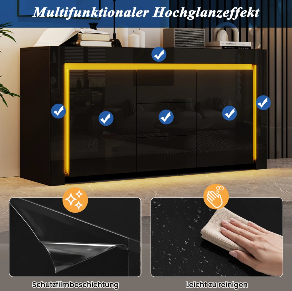 Sideboard moderno nero 140x40x65 cm con LED, 2 ante e 3 cassetti