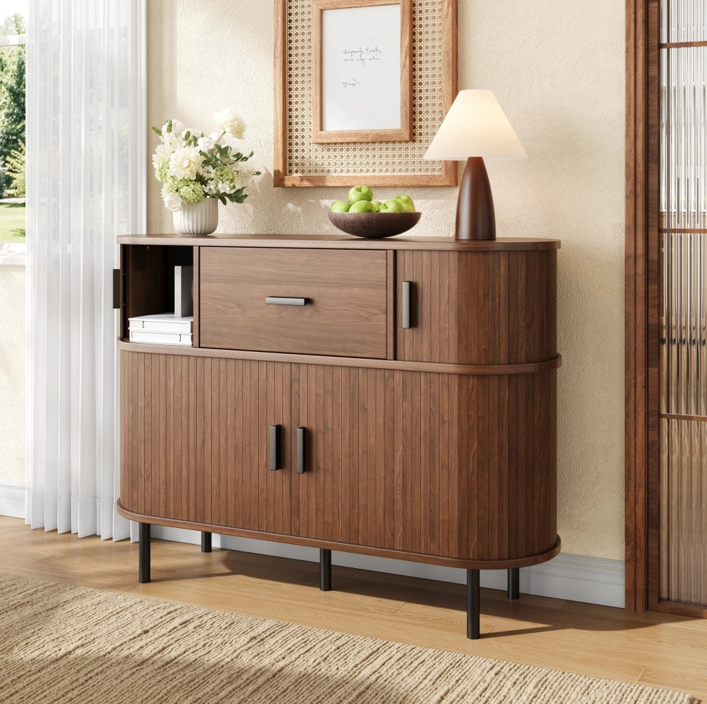Credenza a due livelli con ante scorrevoli e cassetto; 110x35x81;5 cm; MDF e truciolare; noce
