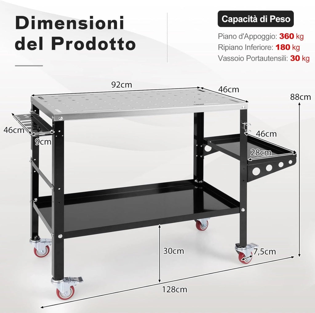 Tavolo da Lavoro, Banco da Lavoro con Supporto per Attrezzi e Vassoio, Fori per Fissaggio, 8 Slot per Attrezzi e Portabocchette per Saldatura, con Ruote, Capacità di Carico 540 KG (Modello 1)