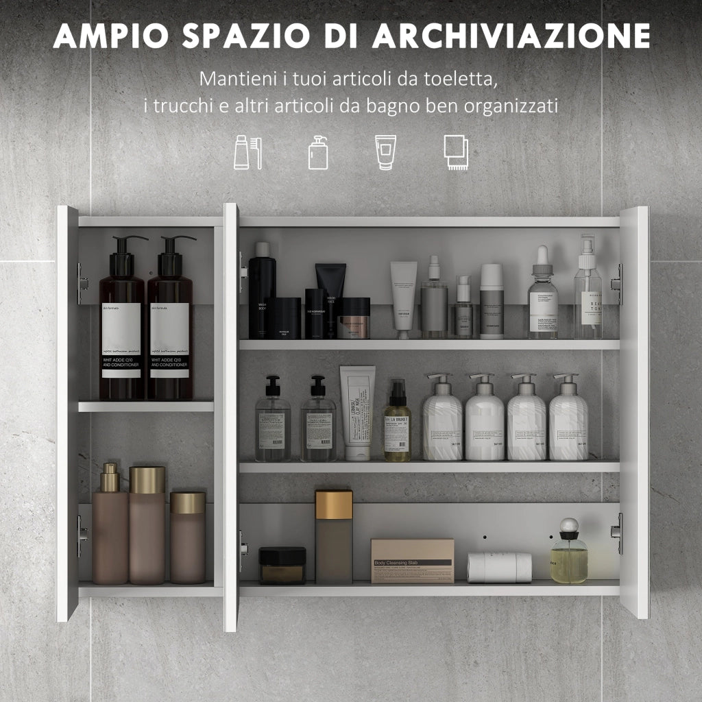 Armadietto Bagno con Ante a Specchio e Ripiani Regolabili ¨C Minimal ¨C Bianco Legno 90x13.5x60 cm