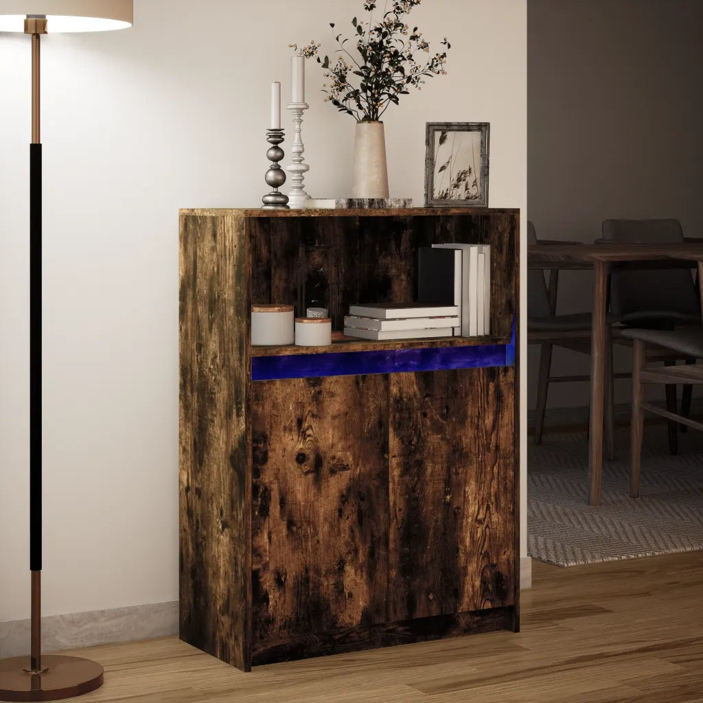 Credenza | Madia | Buffet da pranzo | Armadio da pranzo con LED Rovere Fumo 72x34x100 cm in Legno Multistrato