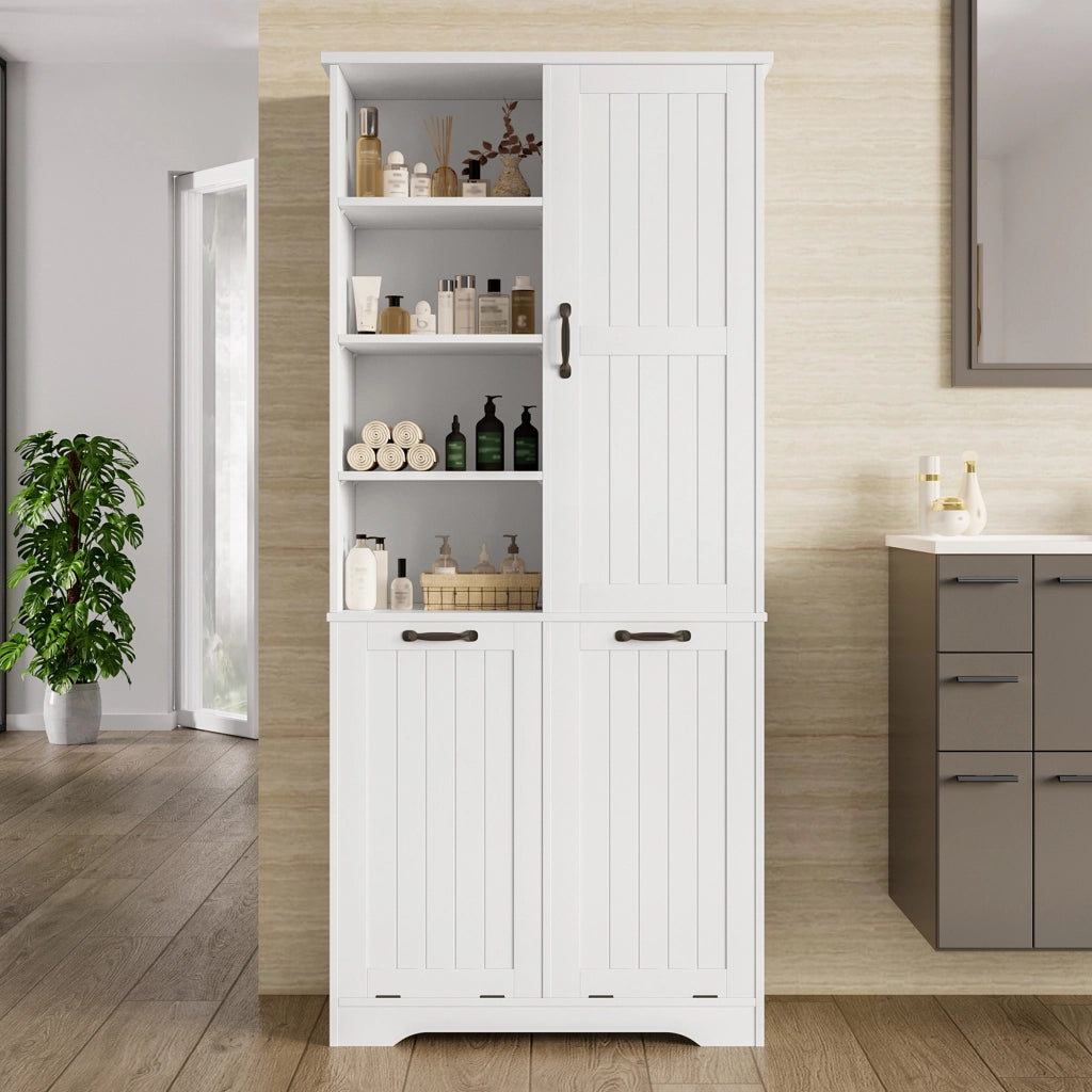 Armadietto da bagno in MDF con 2 cesti portabiancheria, 1 porta e ripiani regolabili, bianco, 78 × 35 × 172,7 cm