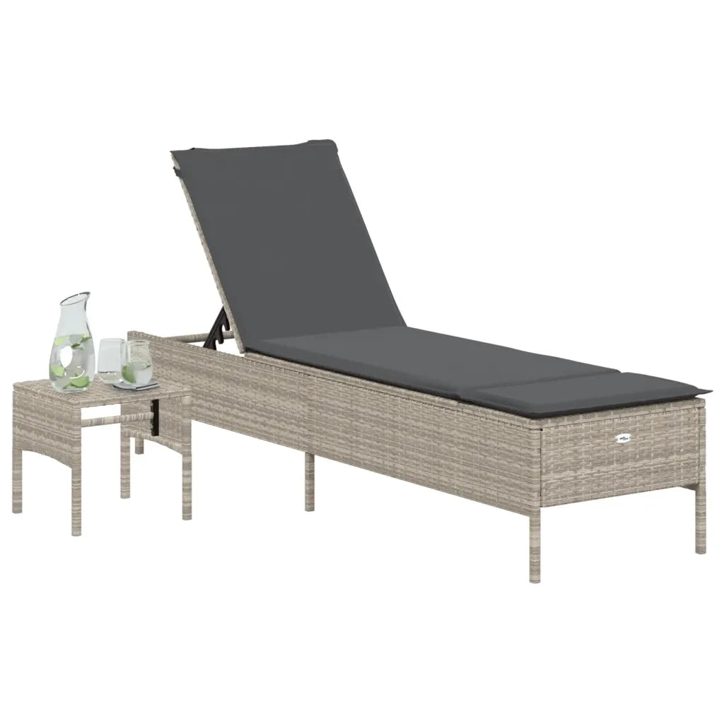 Sdraio da giardino | Lettino con Tavolo e Cuscino Grigio Chiaro in Polyrattan