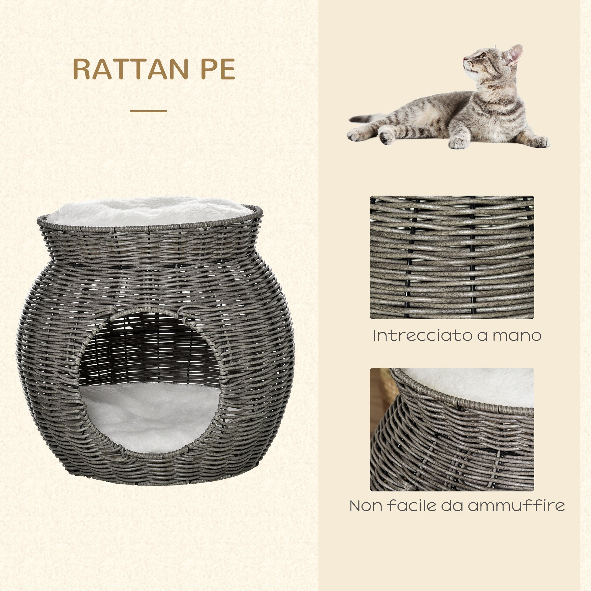 Cuccia per Gatti Ø50x43,5 cm in Rattan Grigio Scuro