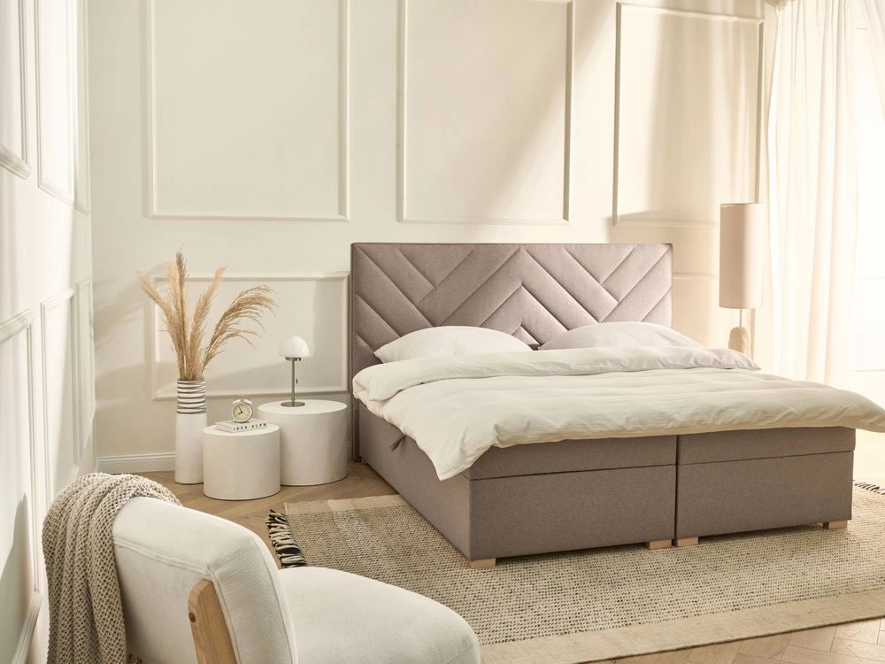 Letto contenitore in tessuto imbottito tortora 180x200 cm con apertura a sollevamento continentale