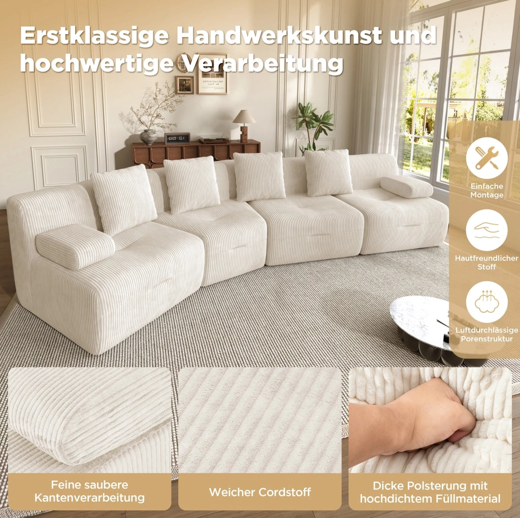 Divano modulare 4 posti in tessuto corduroy beige chiaro; 311x90x65 cm