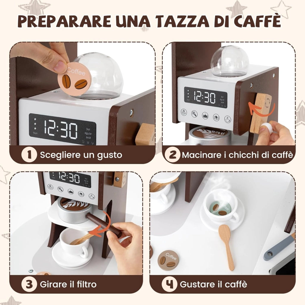 Cucina Giocattolo Angolare con Fornelli e Micronde da Suoni e Luci, Cucina per Bambini in Legno con Macchina Caffè, Lavandelo, Forno e Lavatrice, Set Cucina con Accessori (Marrone)