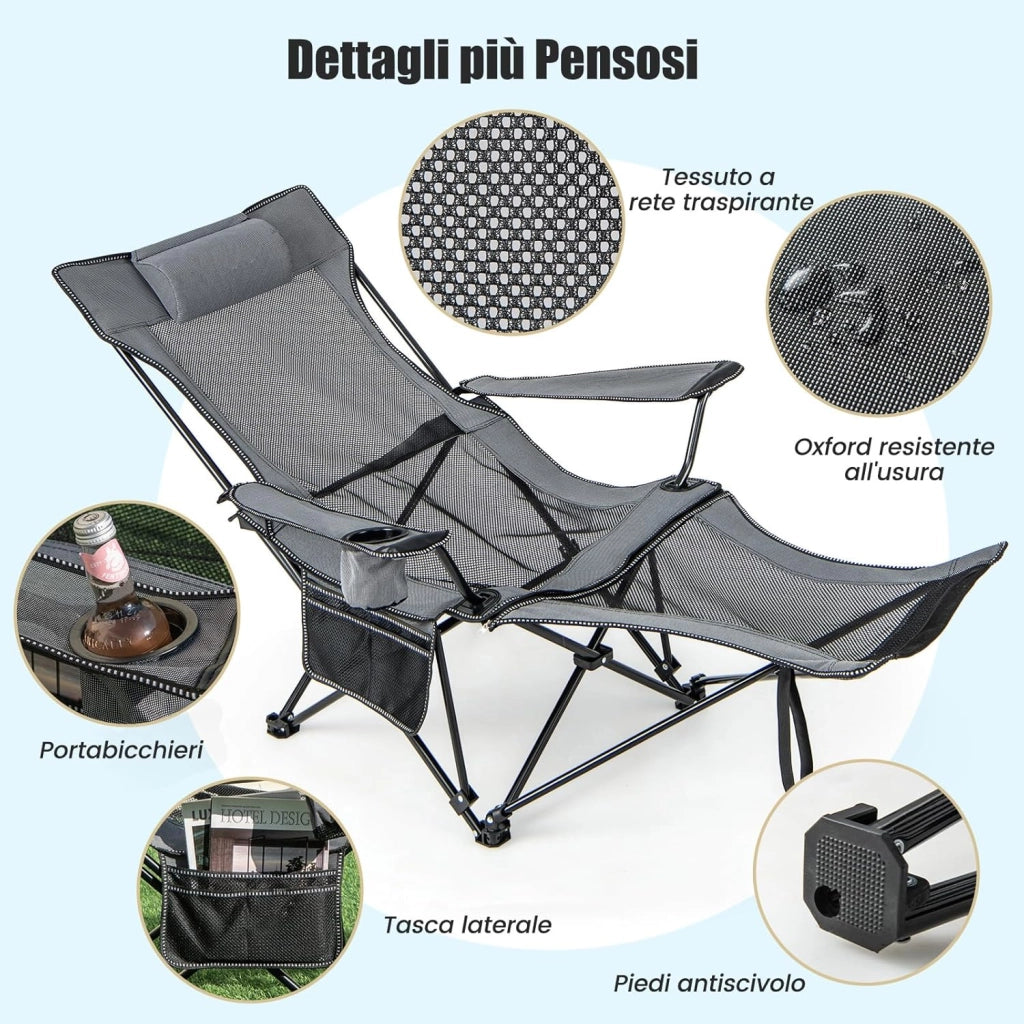 Sedia da Campeggio con Poggiapiedi Rimovibile, Sedie a Sdraio con Schienale Regolabile, Sedia Pieghevole con Borsa Portaoggetti, per Pesca, Campeggio, Picnic(Grigio)