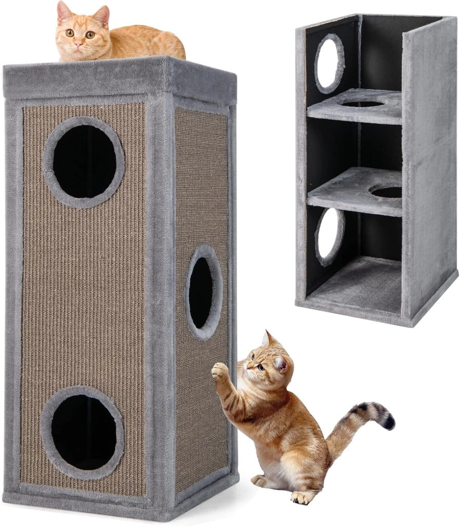 Tiragraffi per Gatti a Torre 60 cm, 3 Piani con 2 Grotte, Cuccia Albero per Gatti con Superficie Tiragraffi in Sisal, Tubo Stabile da Interno Ø36, Arancione