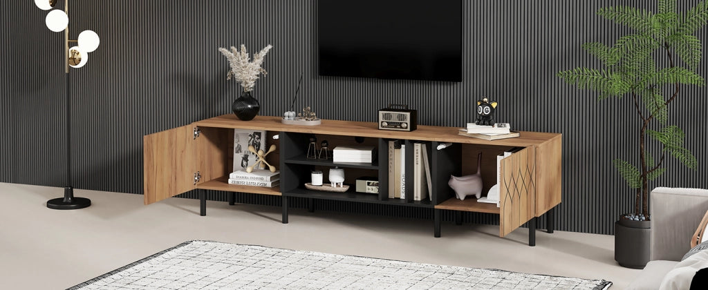 Mobile porta tv con 2 ante e 4 vani aperti, push-to-open, in MDF e truciolare, per salotto, nero naturale, 180 × 40 × 50 cm