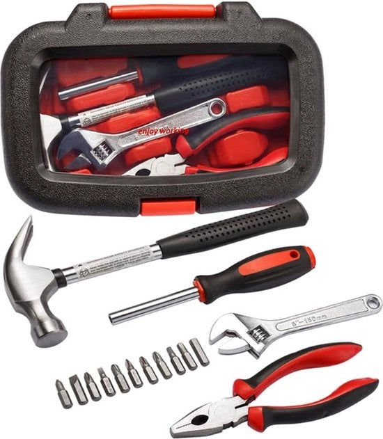Kit di attrezzi, 15 pezzi, comprende - martello, chiave inglese, cacciavite (attrezzi per uso domestico, ufficio o auto) (rosso)