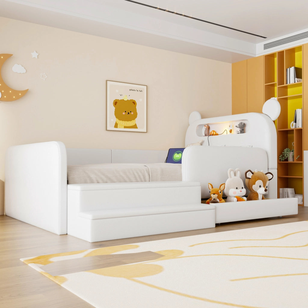 Letto imbottito per bambini con testiera a orso e USB, 90x200 cm, bianco