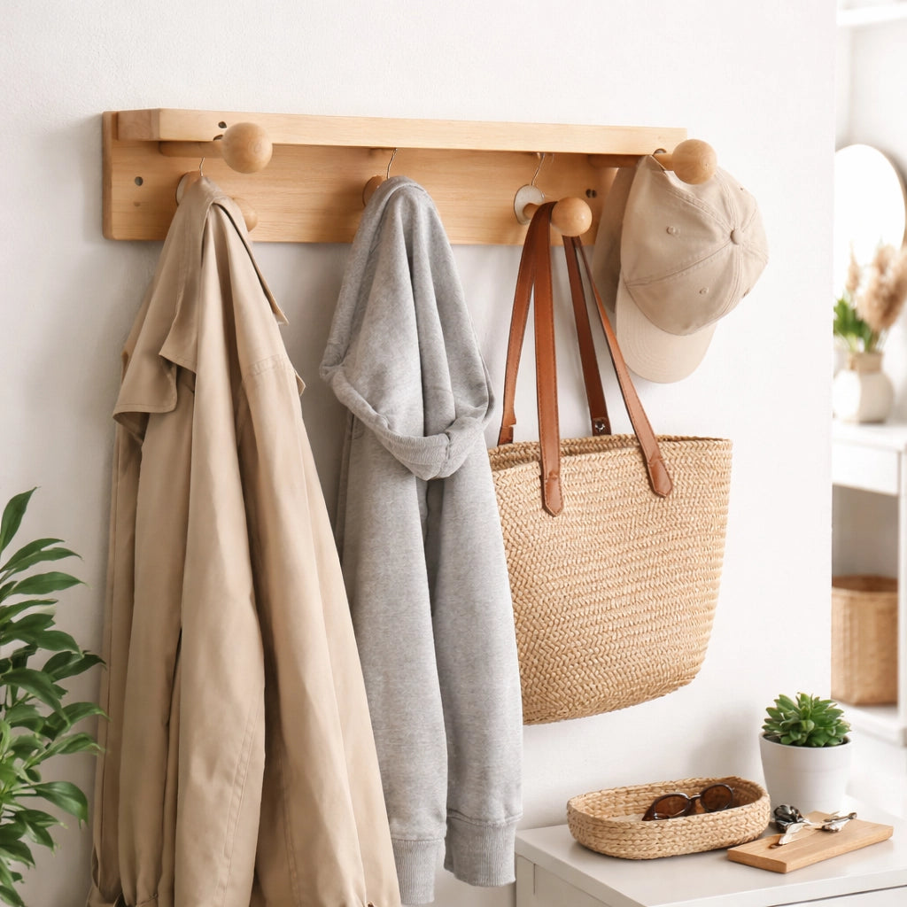 Mensola Appendiabiti in Legno Naturale 40 cm con 6 Ganci da Parete | 74212