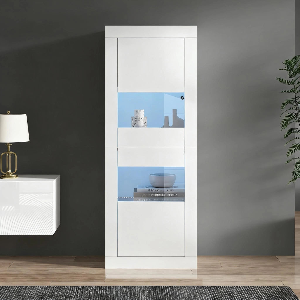 Vetrina con LED e 2 ante, 3 ripiani in vetro regolabili e 4 vani, per soggiorno e cucina, bianco, 61 × 42 × 162 cm