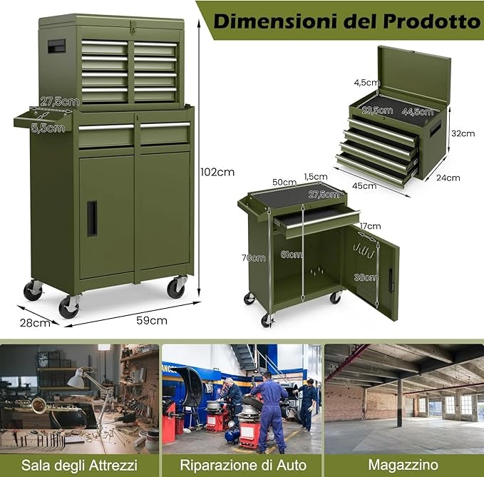 Cassettiera Portautensili a 4 Cassetti, Carrello per Attrezzi con Ruote Bloccabili Ripiano Regolabile e Rivestimento Antiscivolo, 59 x 28 x 102 cm (Verde Oliva)