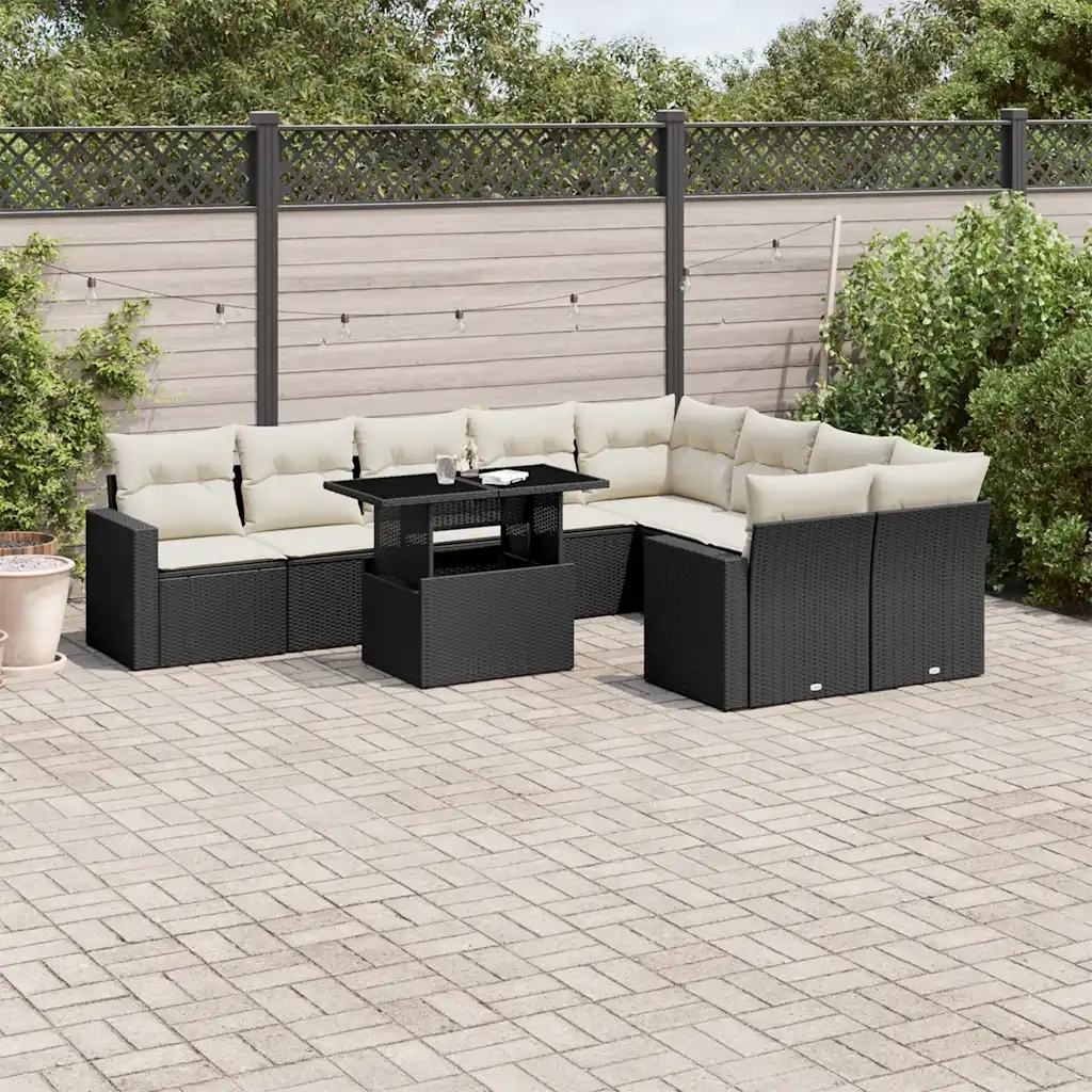 Set Divani da Giardino 10pz con Cuscini in Polyrattan Nero