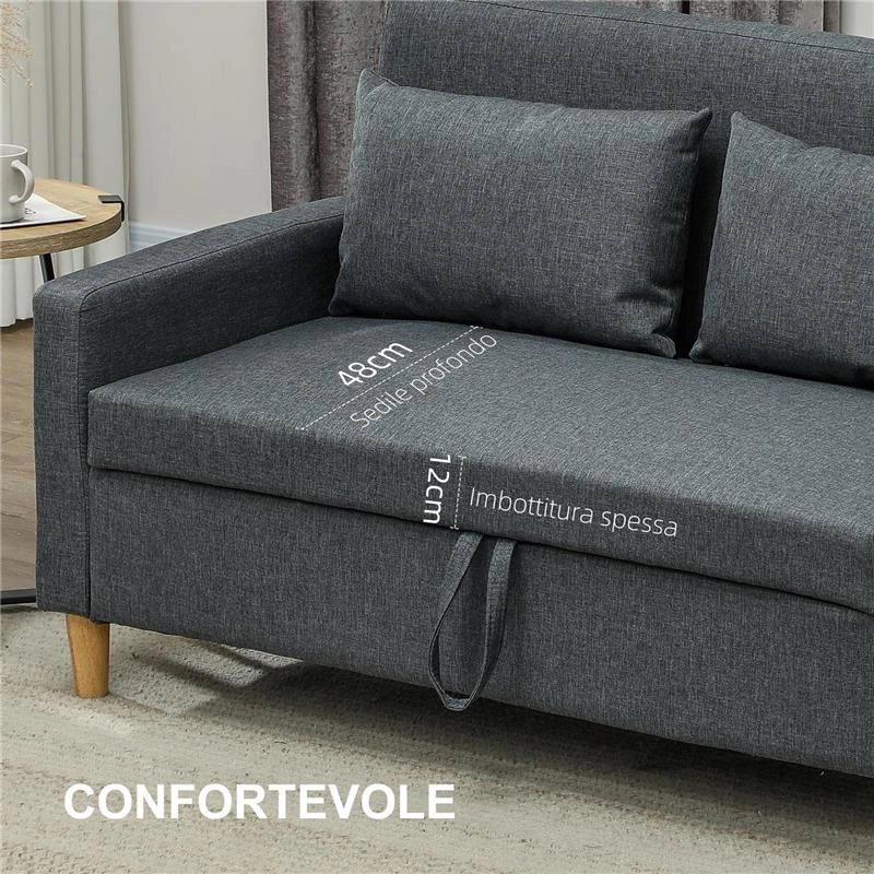 DIVANO 2 POSTI CON SPAZIO PORTAOGGETTI E CUSCINI IN TESSUTO EFFETTO LINO E LEGNO 135X72X84 CM GRIGIO CARBONE
