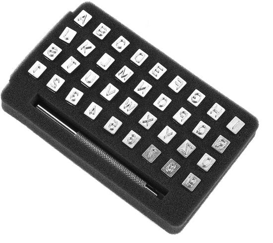 Impostatrice a lettere 36 pezzi - Strumento per stampe in cuoio - Materiale: acciaio - Manico - Duraturo - Dimensioni 3 mm/6 mm - Impostatrice per cuoio