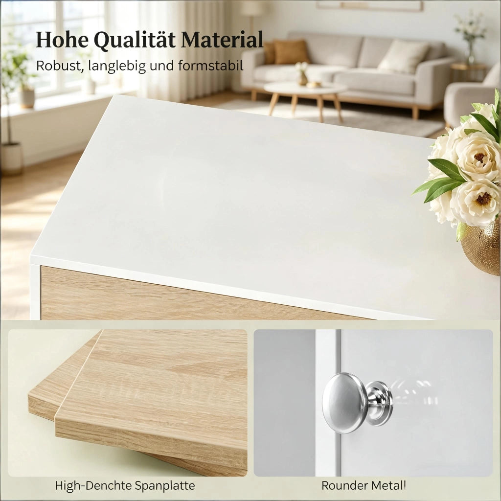 Credenza e madia con vano aperto e anta acrilica, in legno ingegnerizzato, bianco e rovere chiaro, 100 × 40 × 80 cm