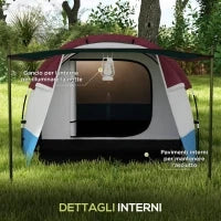 Tenda da Campeggio Impermeabile con 2 Aree e 3 Ingressi, in Poliestere e Fibra di Vetro, 420x200x150 cm, Rosso
