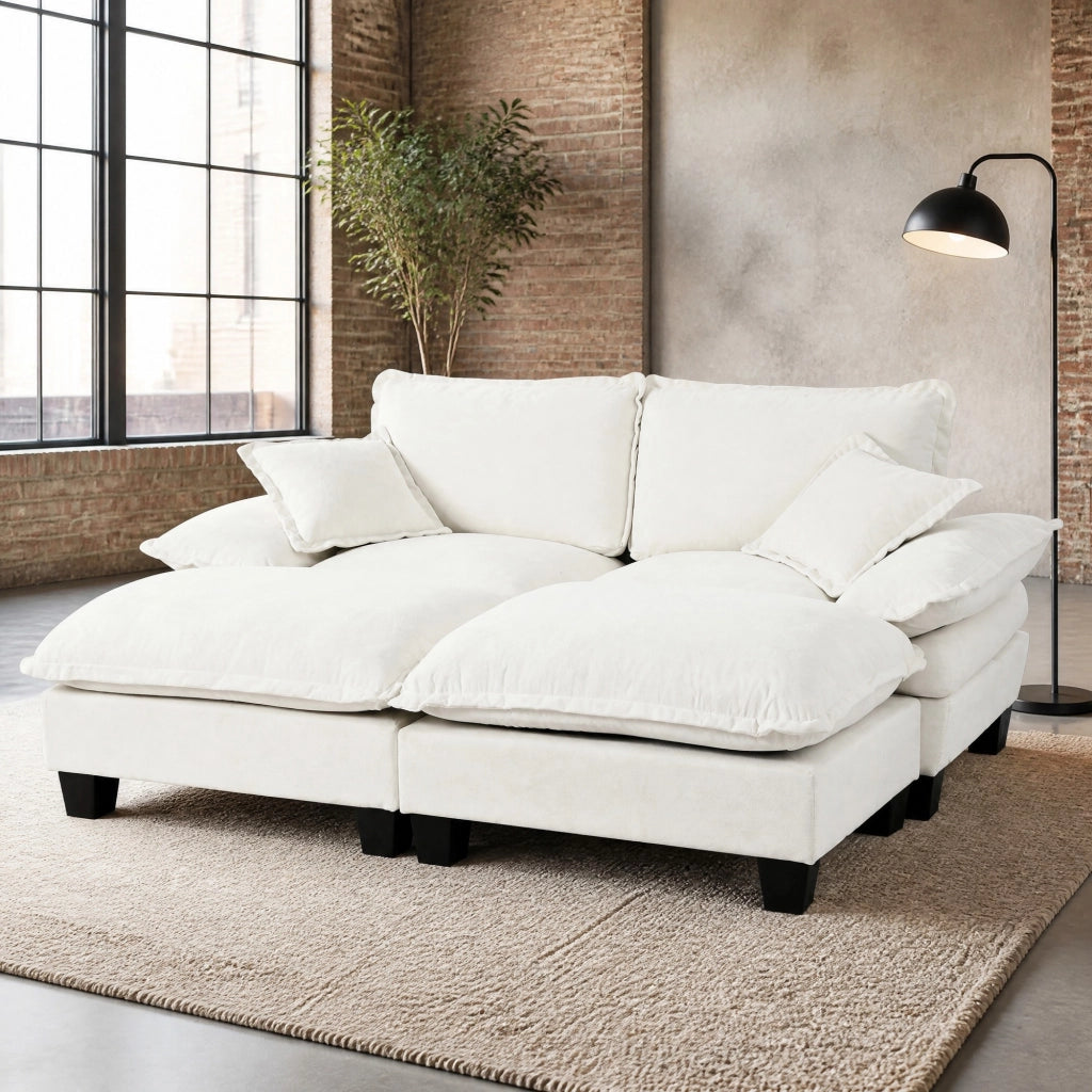 Divano angolare modulare con pouf mobili e cuscini, in Chenille, Beige per soggiorno e appartamento