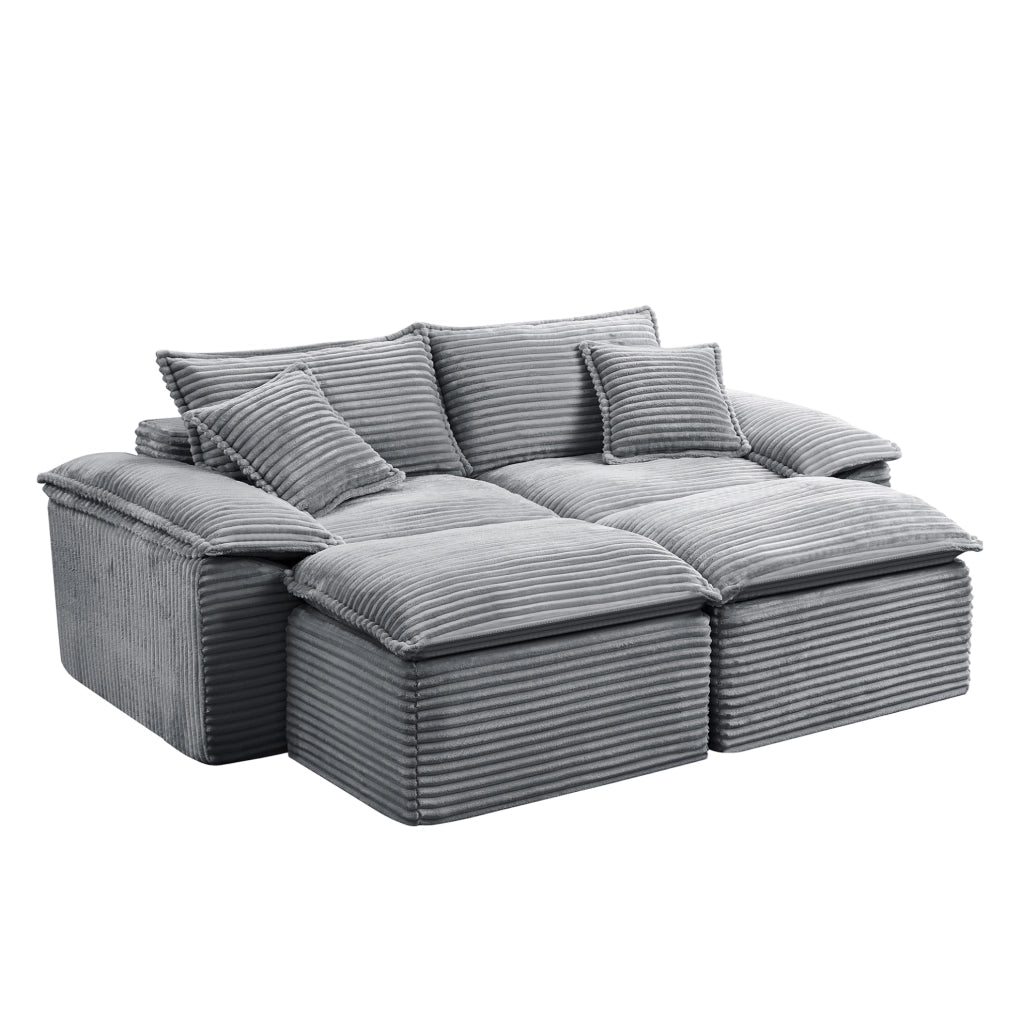 Divano 2 posti con pouf 206x158x88 cm in tessuto effetto corda grigio