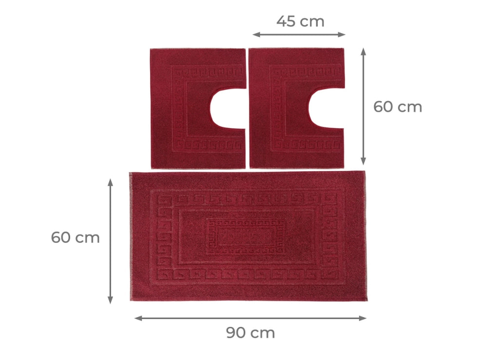 Tappeto Bagno Doccia Spugna Tinta Unita Torino Tappetino Super Assorbente In Cotone Pelo Corto Con Greca - Parure 3 Pezzi - Bordeaux