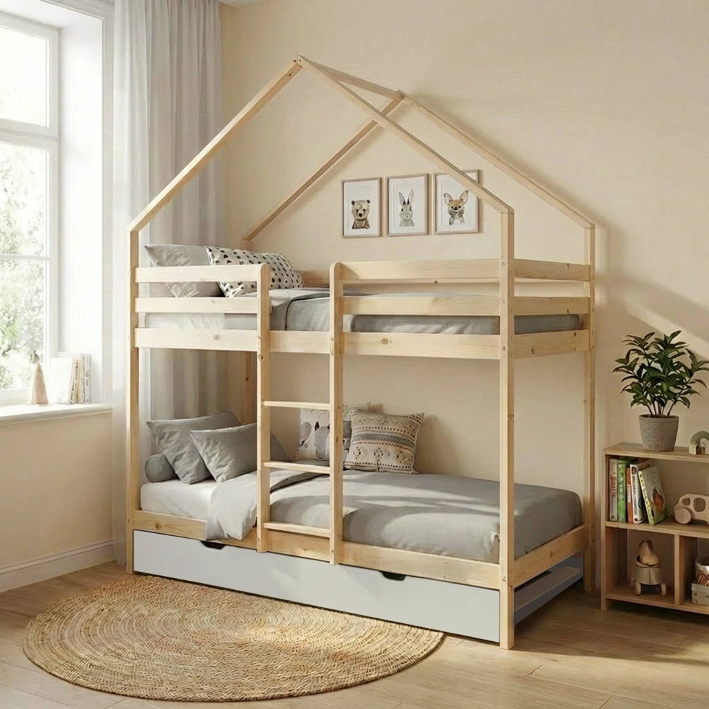 Letto a castello per bambini cabina 190cm pino naturale con cassetto,