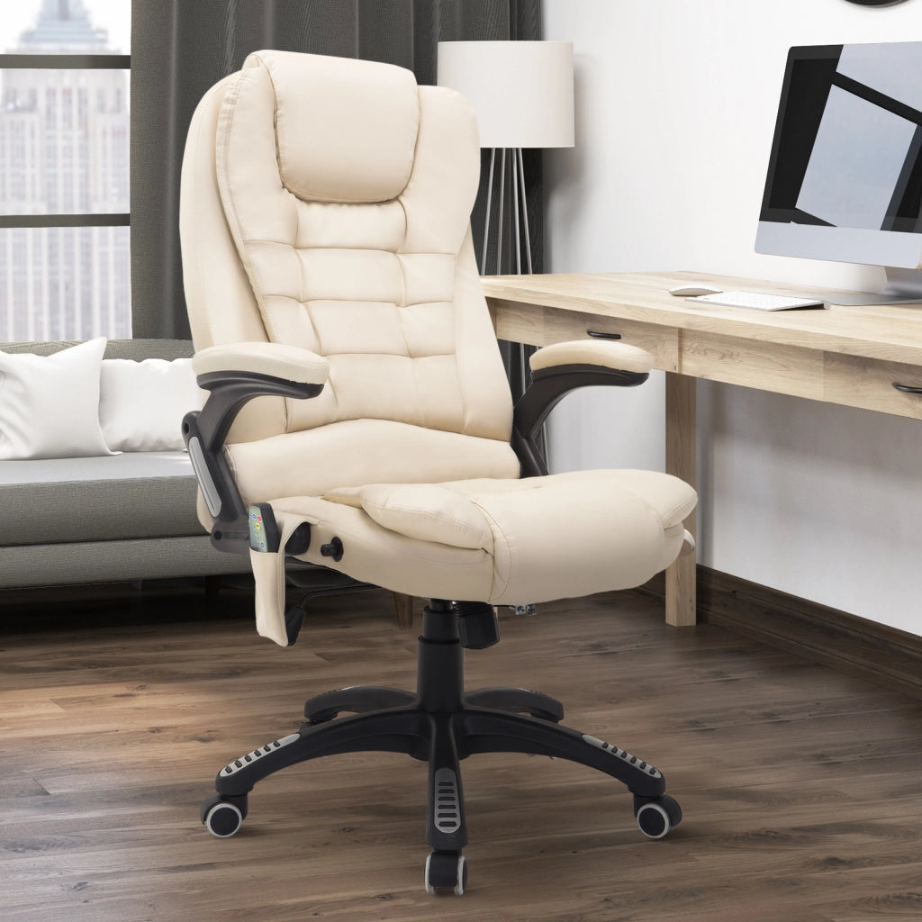 EasyComfort Poltrona Massaggiante da Ufficio ad Altezza Regolabile con 6 Punti Massaggianti, in PU, 62x68x111-121 cm, Beige