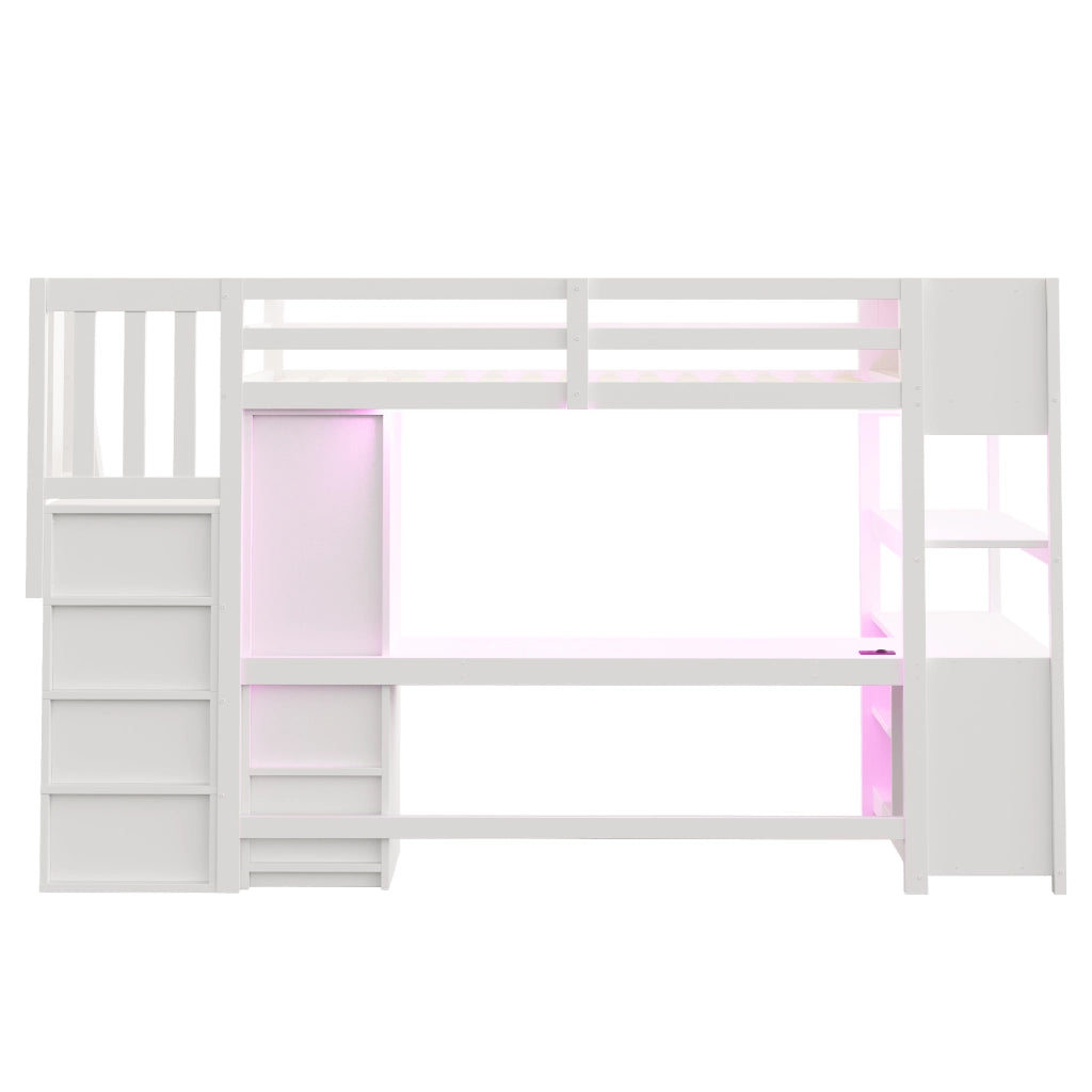 Letto a soppalco singolo 90×200 cm con scrivania; armadio; LED e scala con vani; senza materasso; bianco