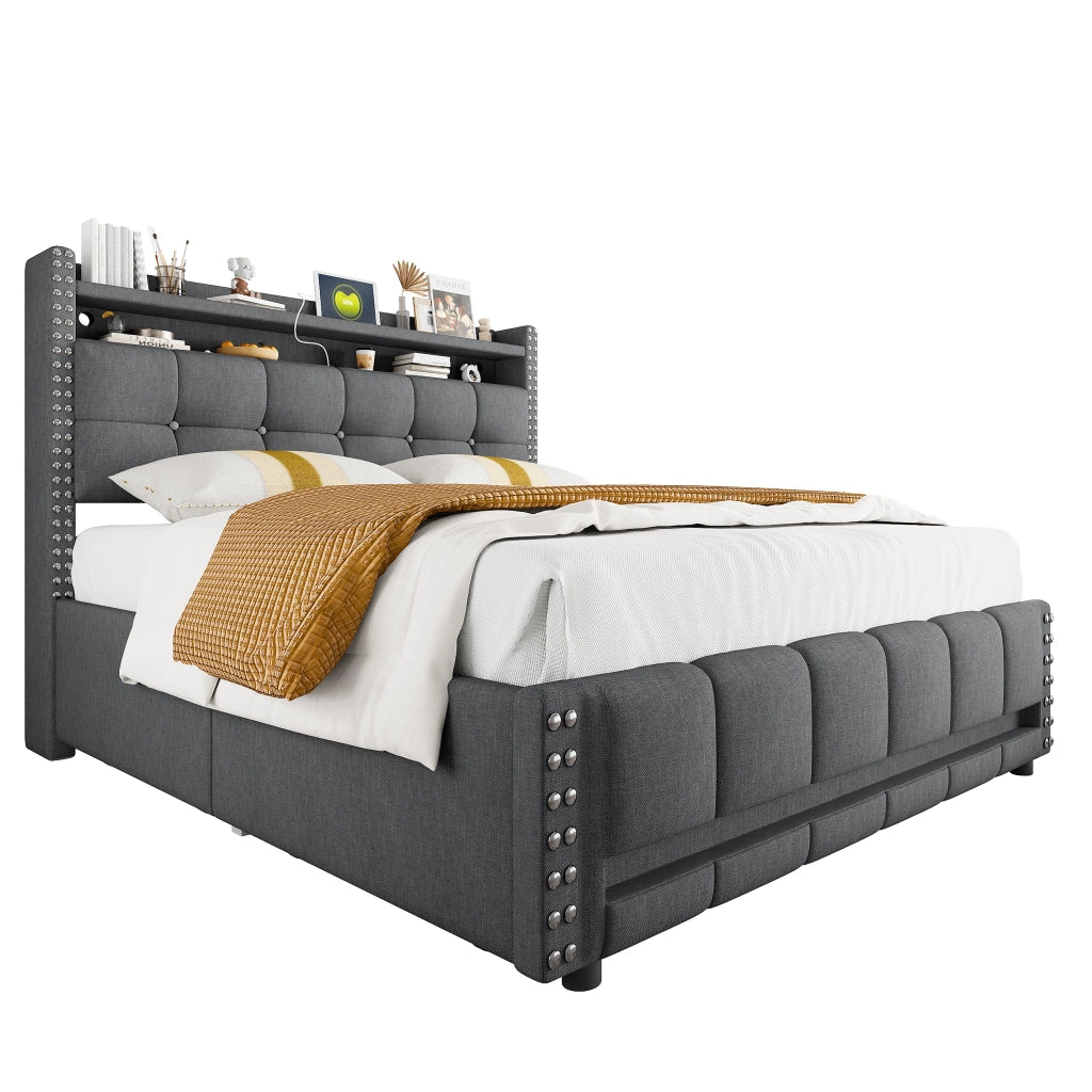 Letto matrimoniale imbottito 160x200 cm con LED, presa USB, testiera con ripiani e cassetti, tessuto effetto lino grigio