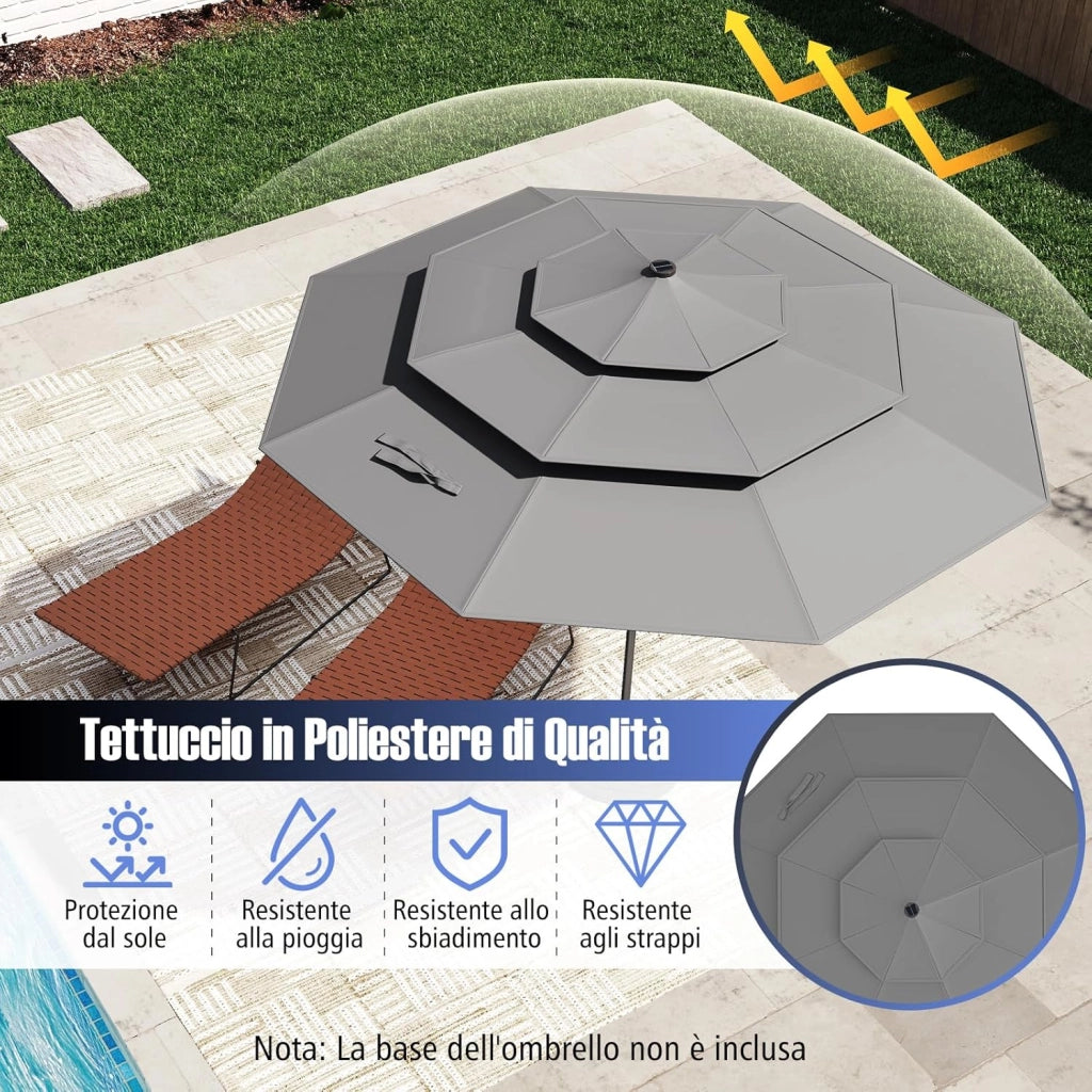 Ombrellone da Patio 297 cm con 32 Luci LED, Tetto Ventilato a 3 Piani, Inclinazioni Regolabili, Manovella, 8 Stecche, Ombrellone da Giardino, Piscina, Spiaggia (Grigio)