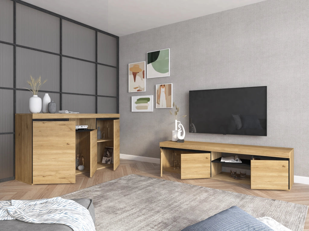 Set Naturale soggiorno sala da pranzo, mobili ausiliari, buffet mobile-tv 160cm rovere nordico nero