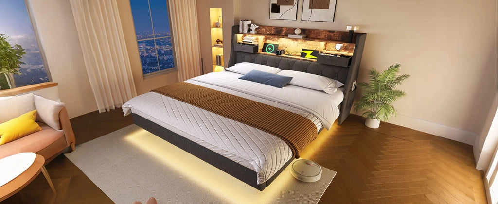 Letto matrimoniale 180x200 cm in lino grigio con LED, testiera contenitore e stazione di ricarica
