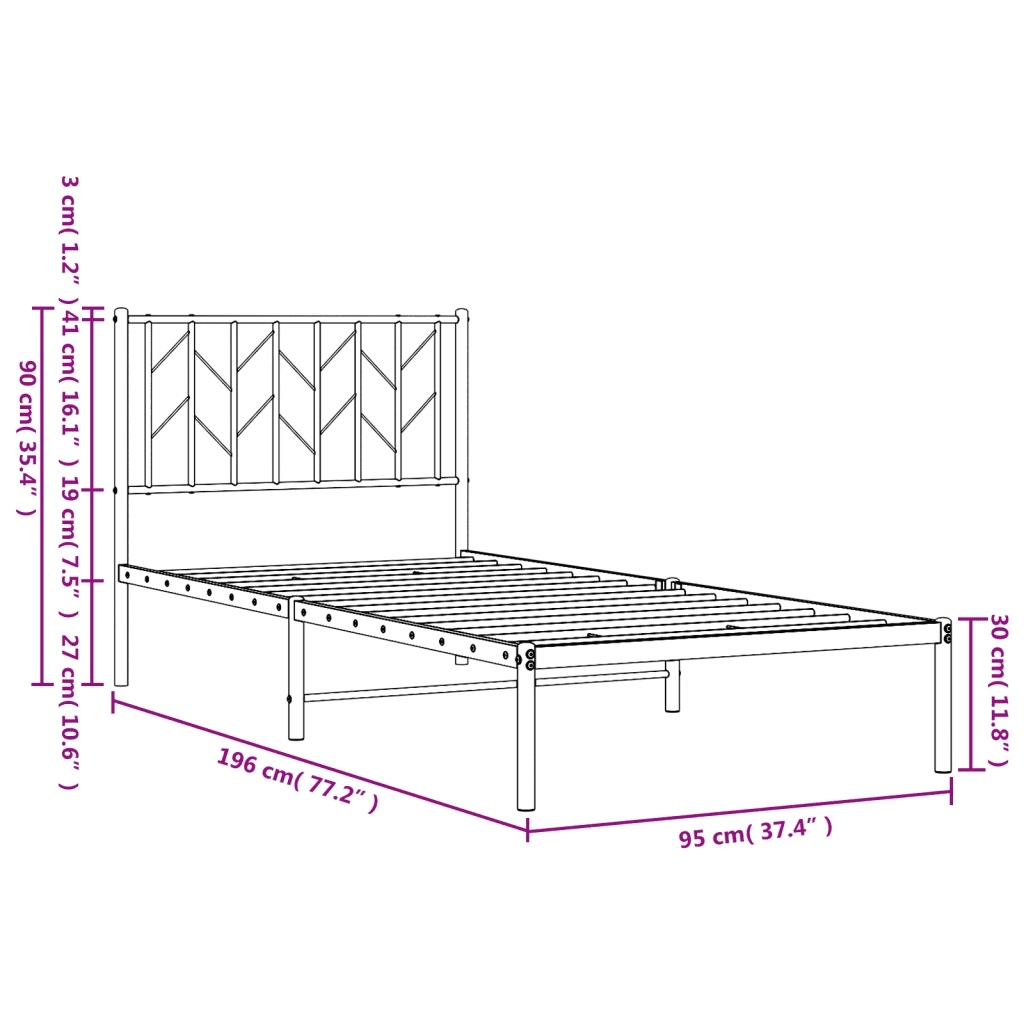 Letto singolo | Letto per adulti | Giroletto con Testiera Metallo Bianco 90x190 cm