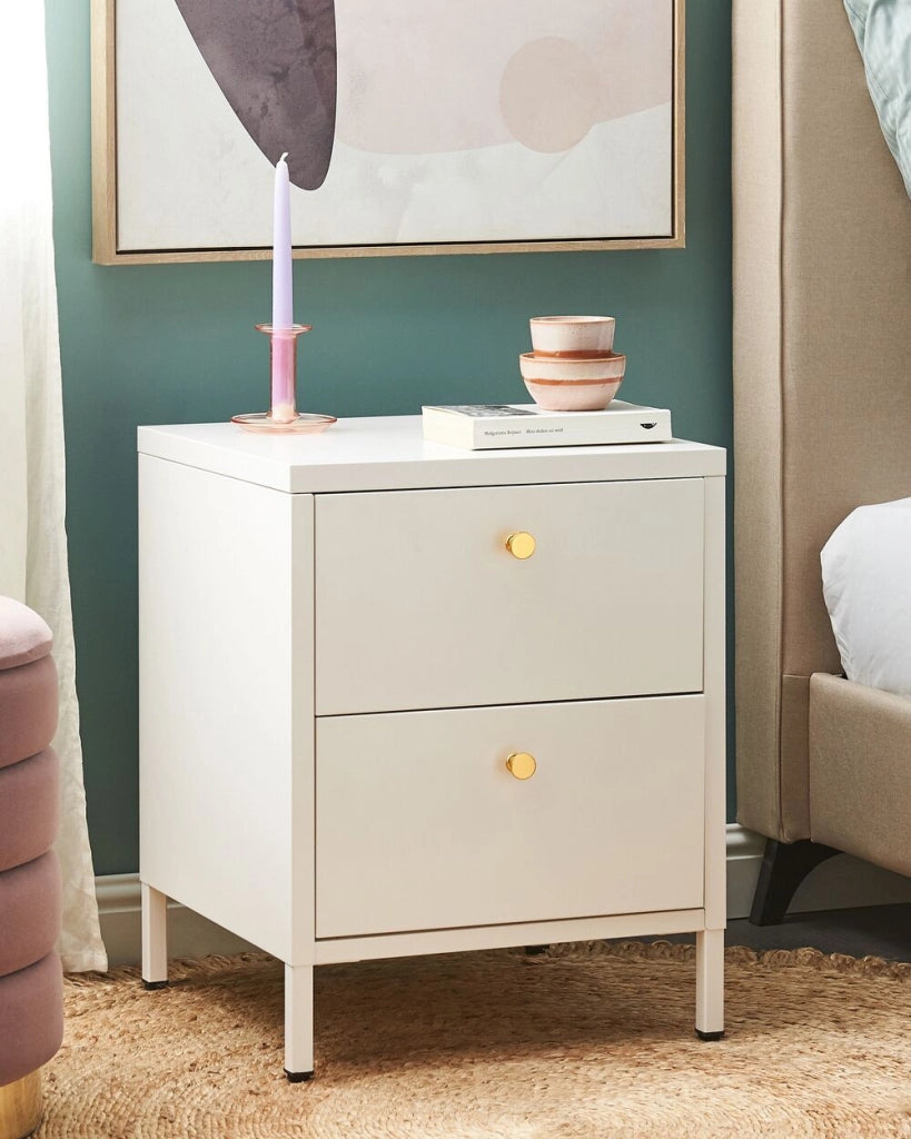 Comodino in Acciaio Bianco Design Industriale 2 Cassetti Camera da Letto Mobili Contenitori