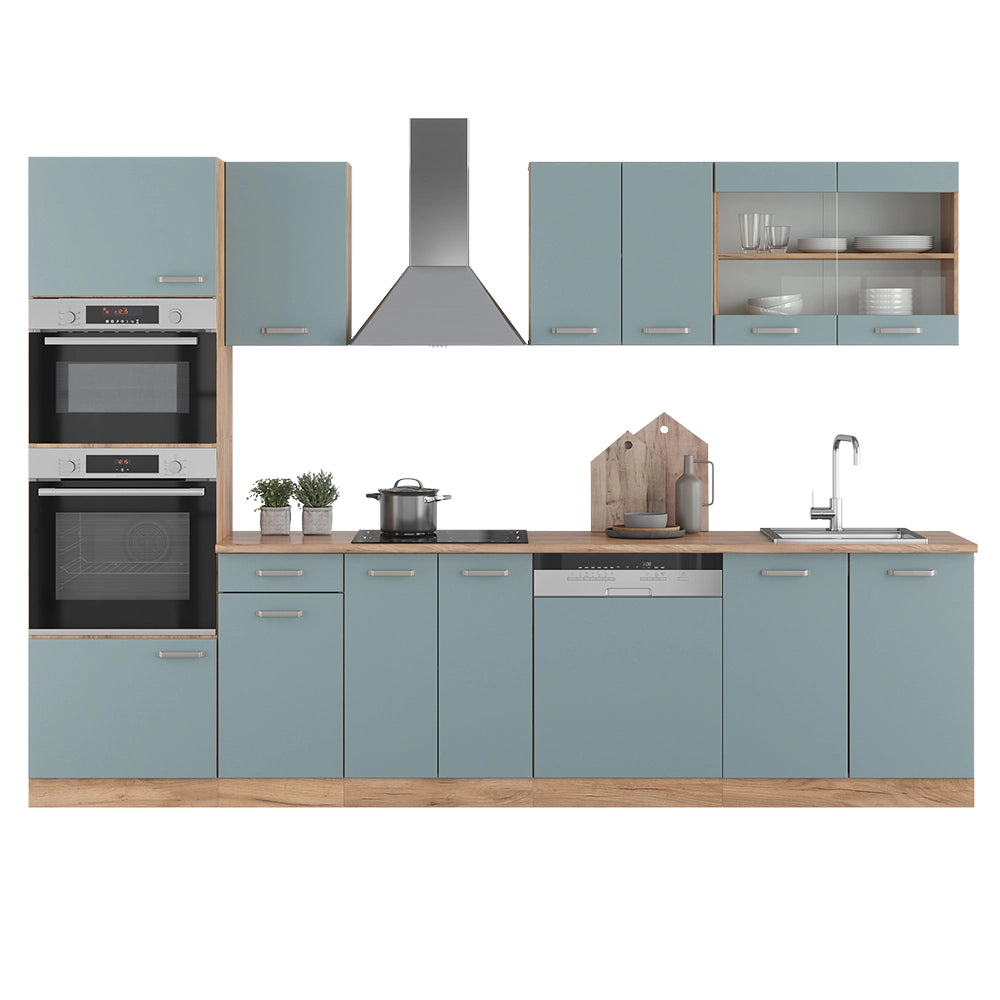 Vicco Cucina componibile Rovere blu-grigio/oro 300 cm con armadio alto, senza piano di lavoro