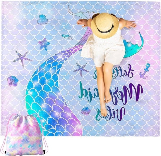 Decken impermeabile per spiaggia - 178 x 158 cm - sirena - deken per picnic senza sabbia - tappeto da spiaggia portatile - con tasche laterali doppie - adatto per spiaggia - prato - giardino - camminata - viaggio
