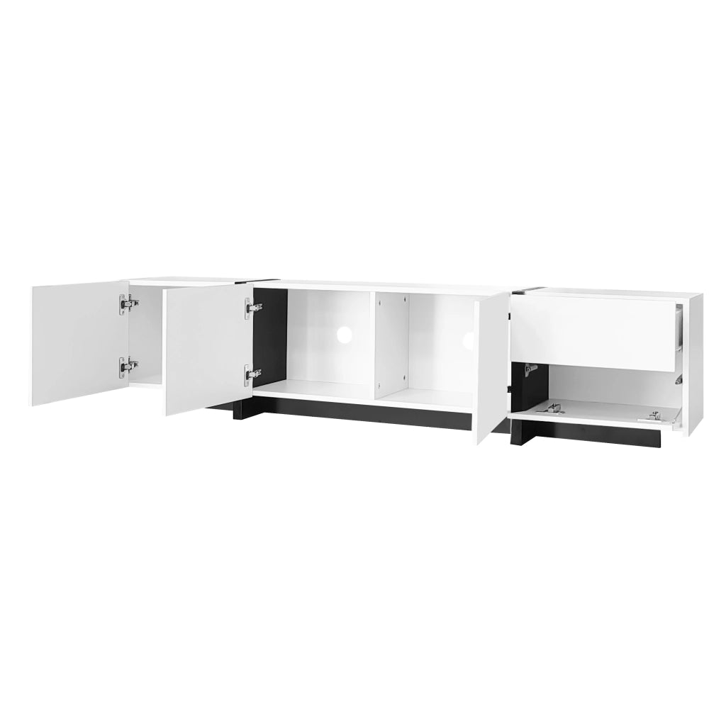 Mobile TV 170x30x39 cm; finitura lucida con 3 ante; 1 cassetto e ribalta; truciolato bianco