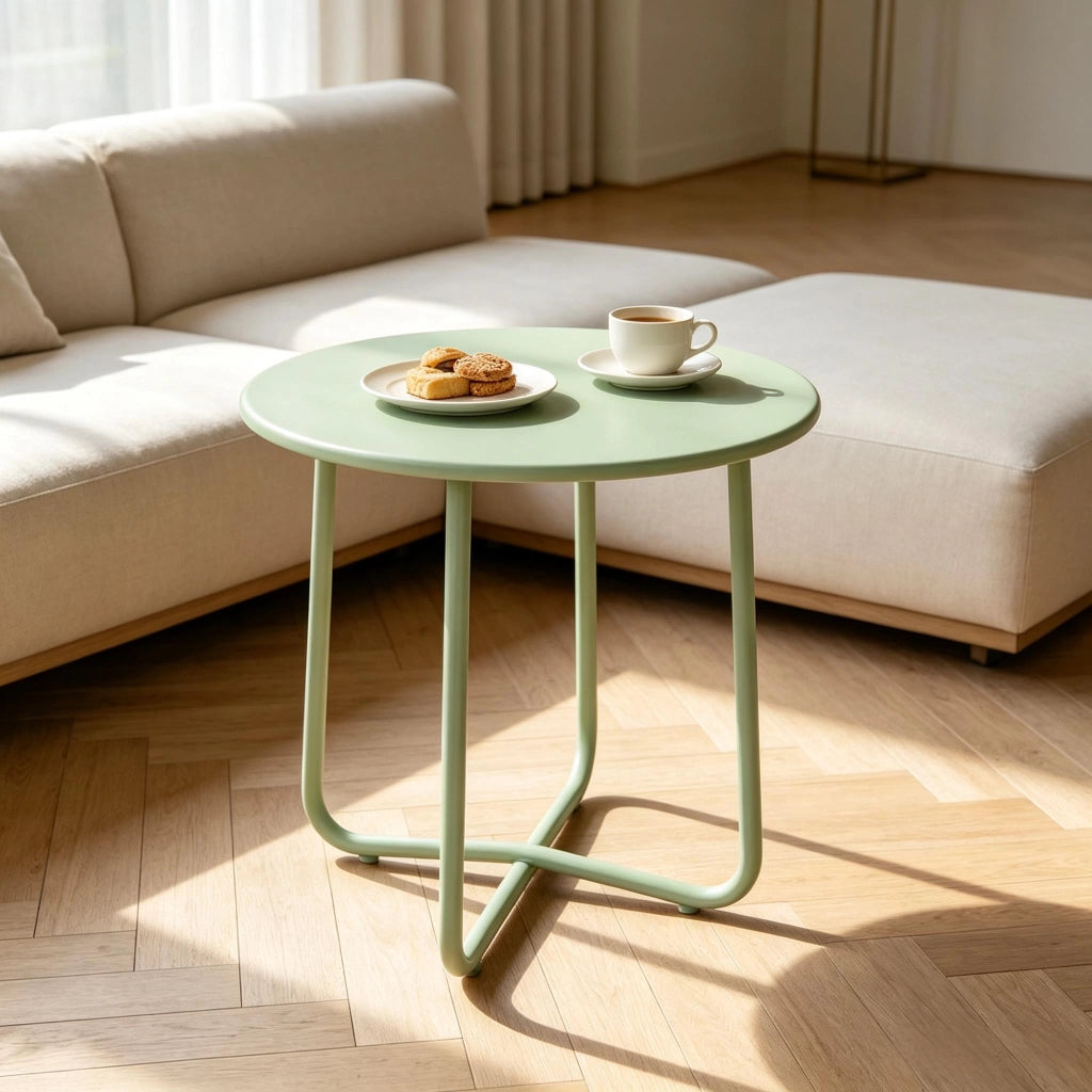 Tavolino da caff¨¨ per esterni, con base a X per il terrazzo del soggiorno.
